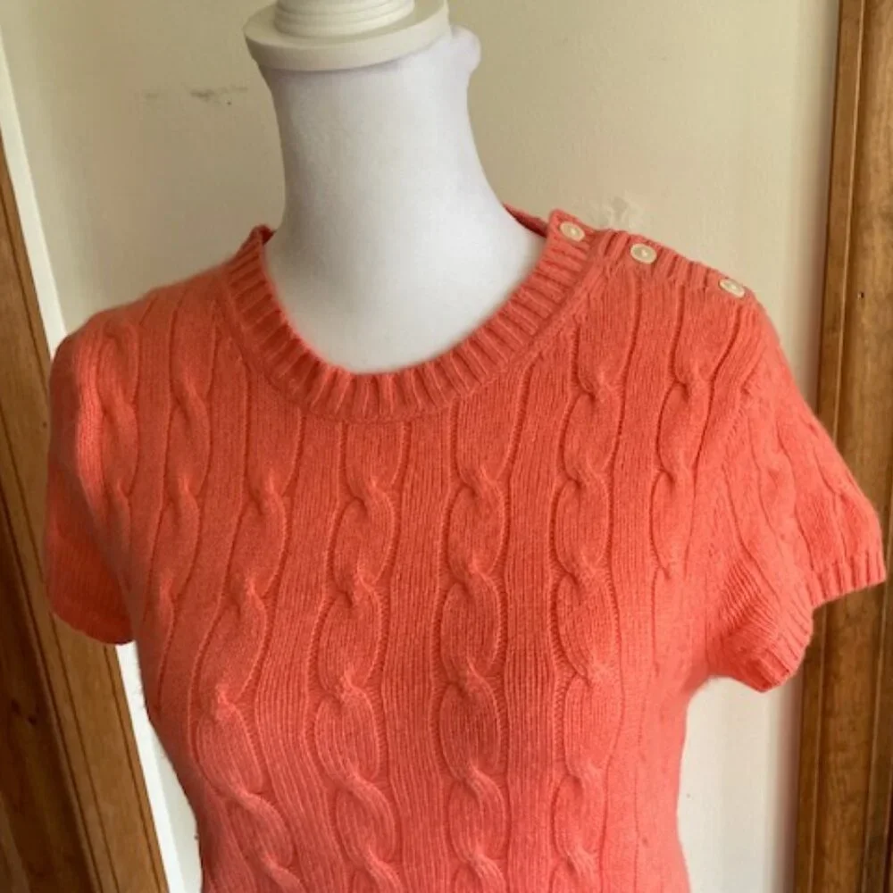 J. Crew Vibrant Coral Cashmere Short Sleeve Crewneck Cardigan S